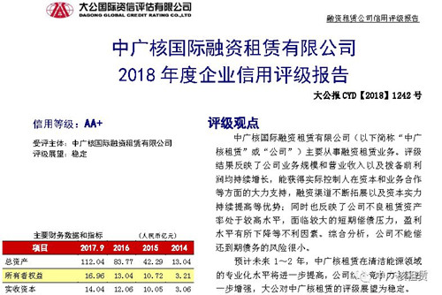 中广核融资租赁公司首次主体信用评级获AA+