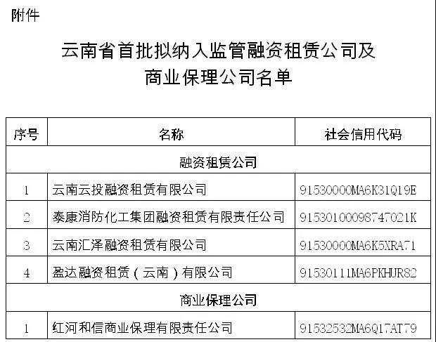 云南省首批拟纳入监管名单融资租赁公司及商业保理公司的公示